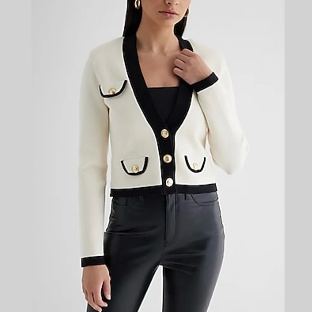 Express Black and Cream Cardigan with Gold Accents